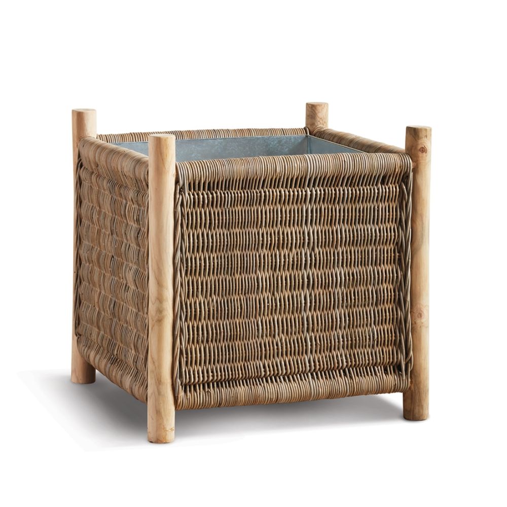 natural woven planter square teak legs zinc liner