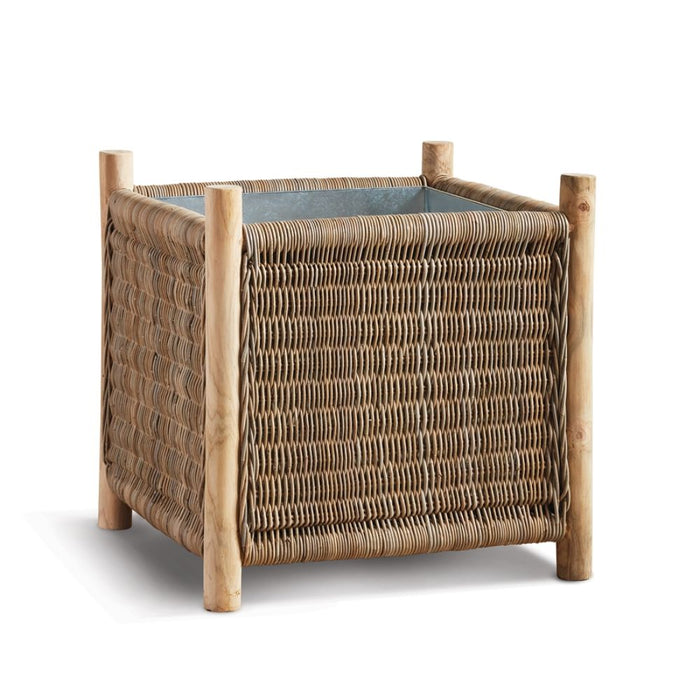 natural woven planter square teak legs zinc liner