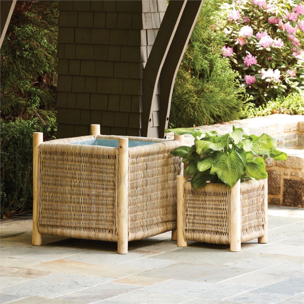 natural woven planter square teak legs zinc liner