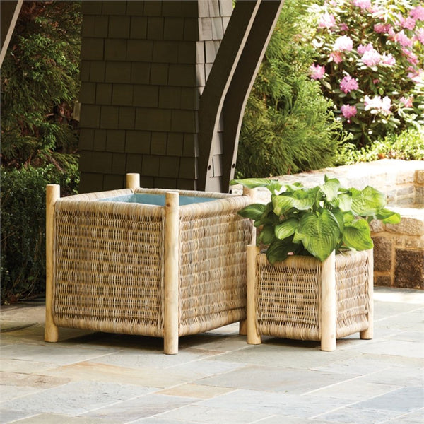 natural woven planter square teak legs zinc liner