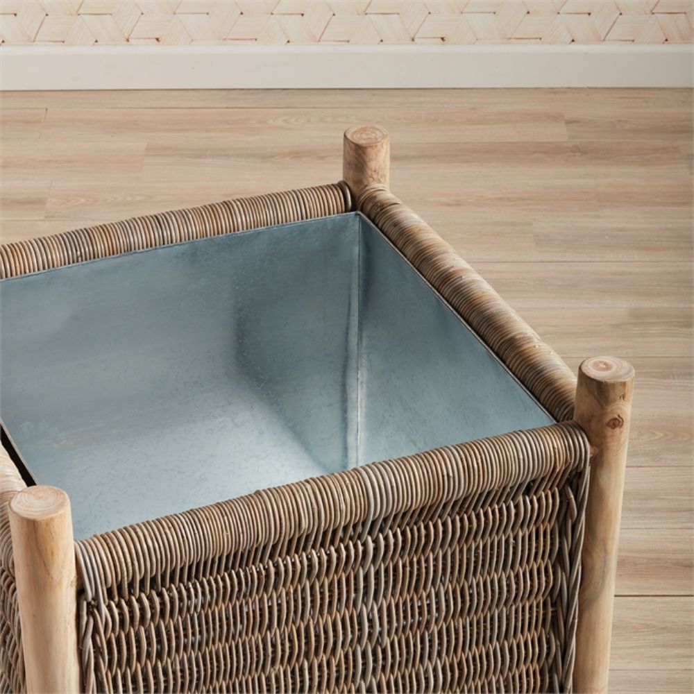 natural woven planter square teak legs zinc liner