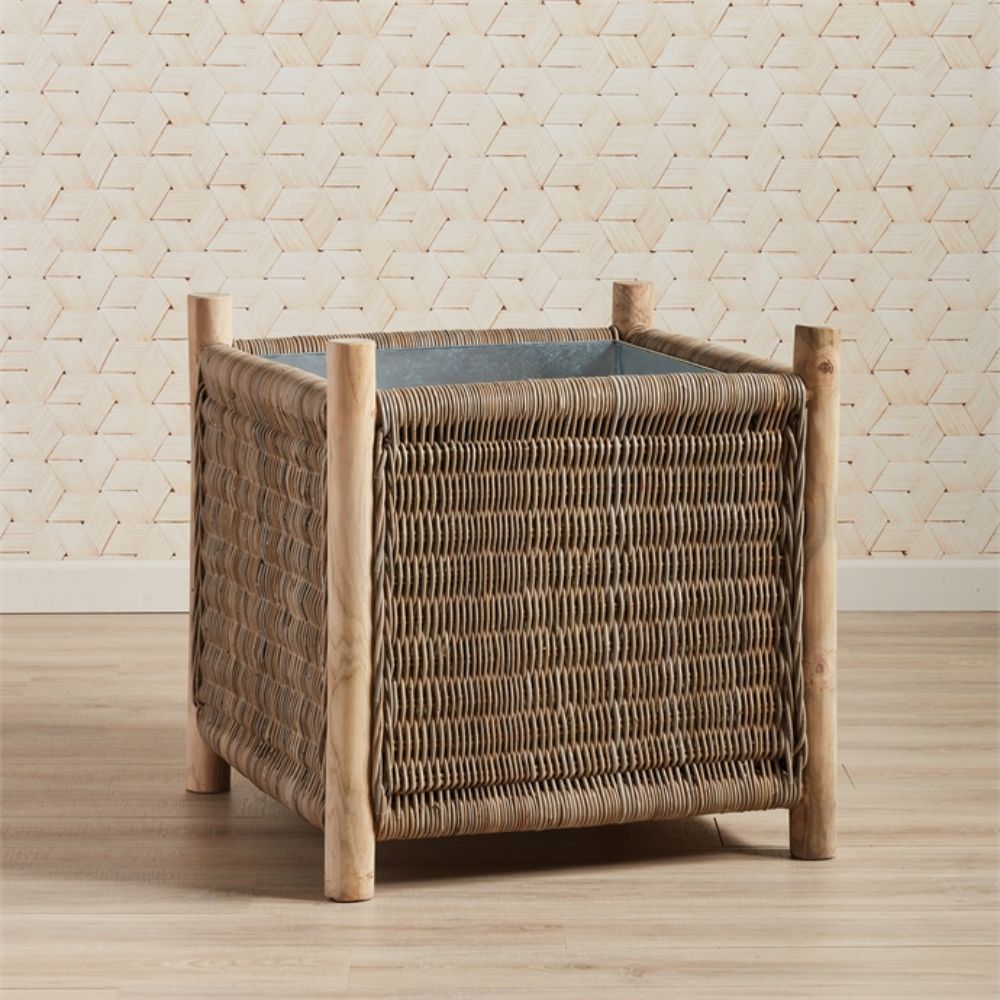 natural woven planter square teak legs zinc liner