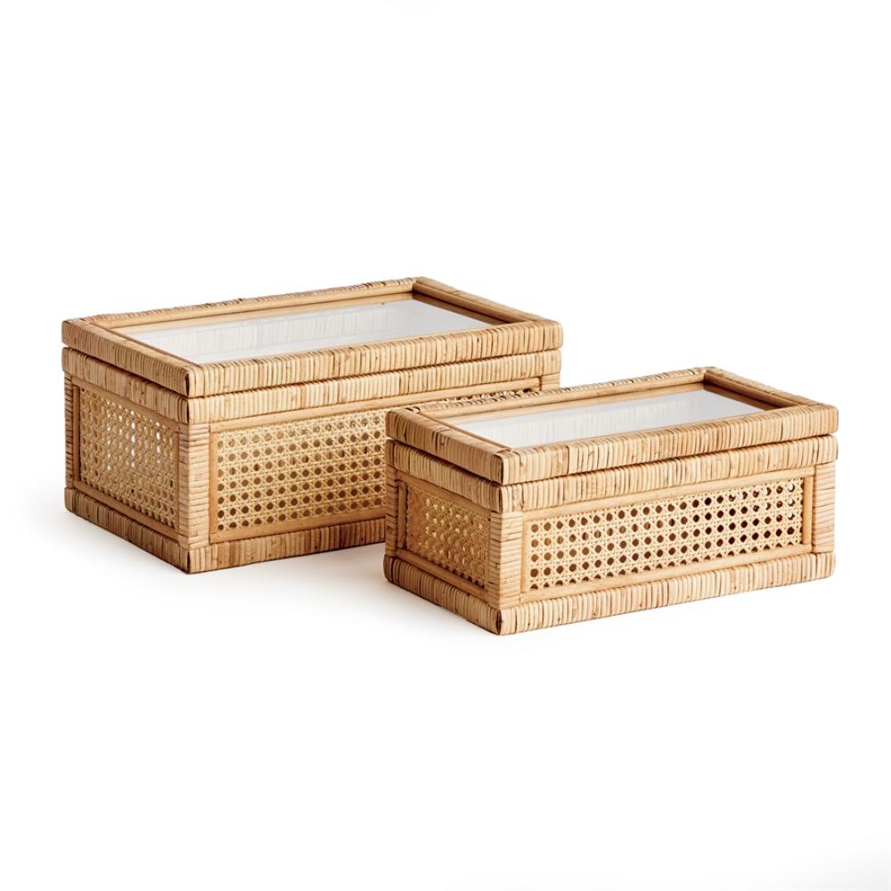 display boxes set of 2 wrapped rattan glass top natural 