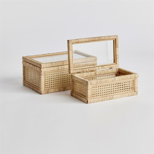 display boxes set of 2 wrapped rattan glass top natural 