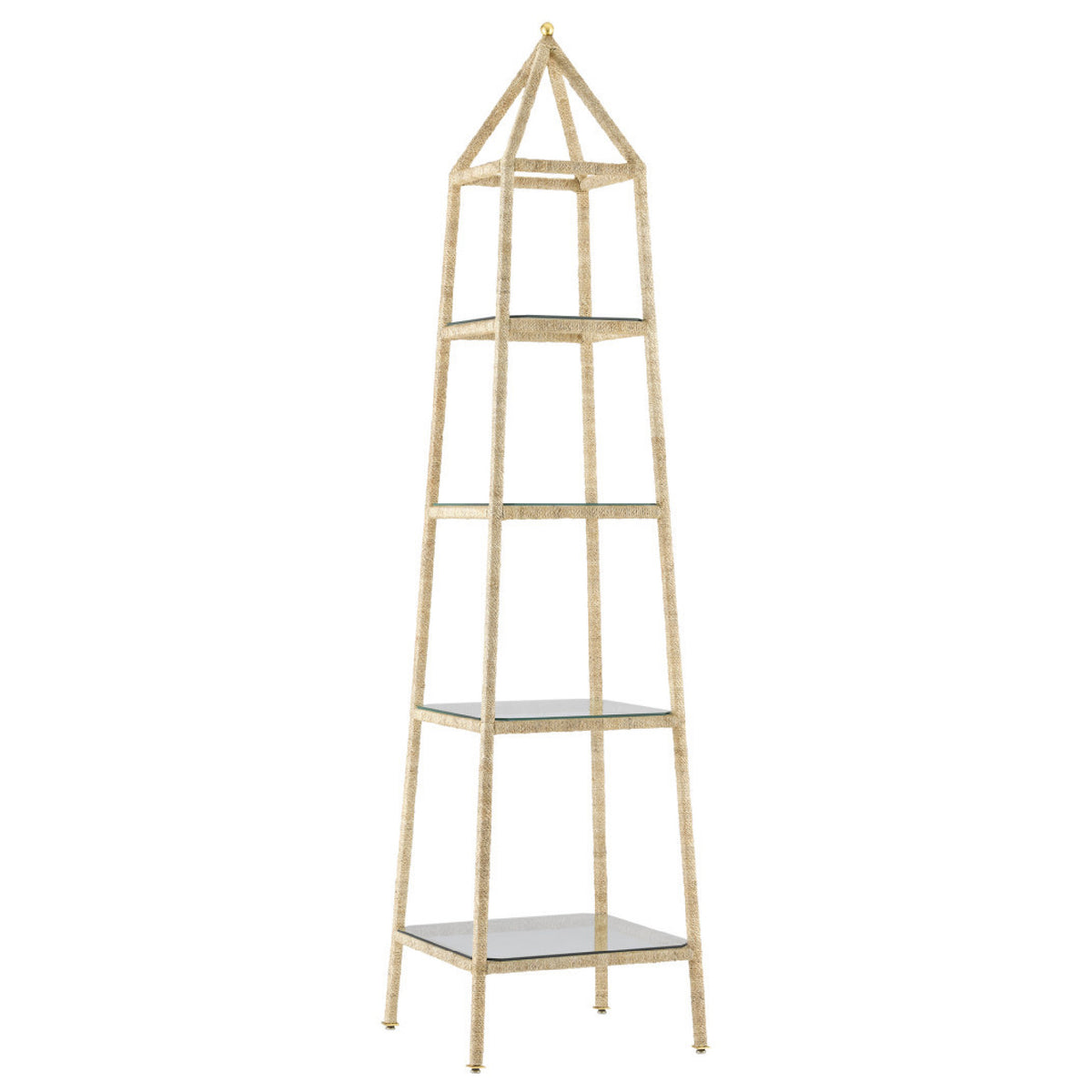 The Narra Rope Etagere by Currey & Company is a tall, gold, pyramid etagere with four glass shelves and a pointed top.