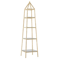 The Narra Rope Etagere by Currey & Company is a tall, gold, pyramid etagere with four glass shelves and a pointed top.
