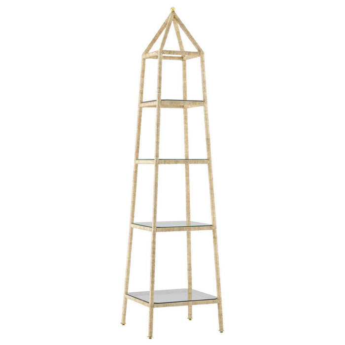 The Narra Rope Etagere by Currey & Company is a tall, gold, pyramid etagere with four glass shelves and a pointed top.