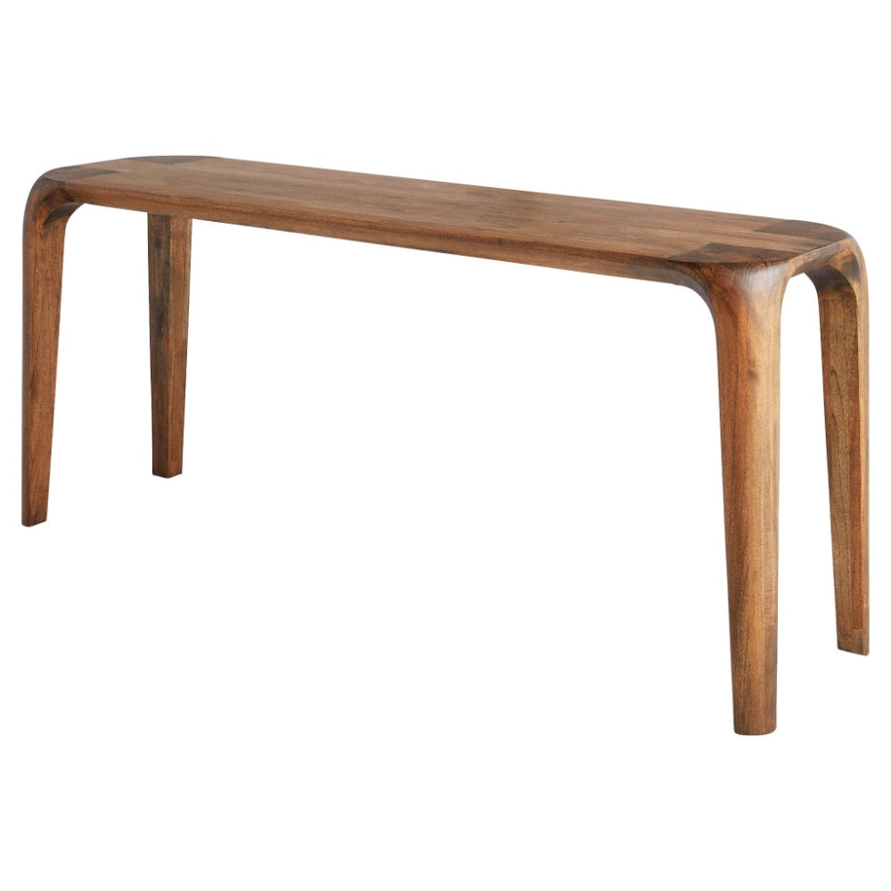 medium brown solid wood console table rounded corners