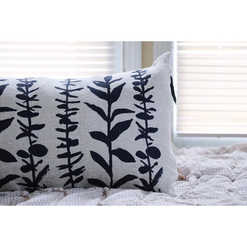 lumbar pillow linen navy block printed eucalyptus branches