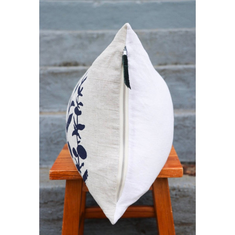lumbar pillow linen navy block printed eucalyptus branches