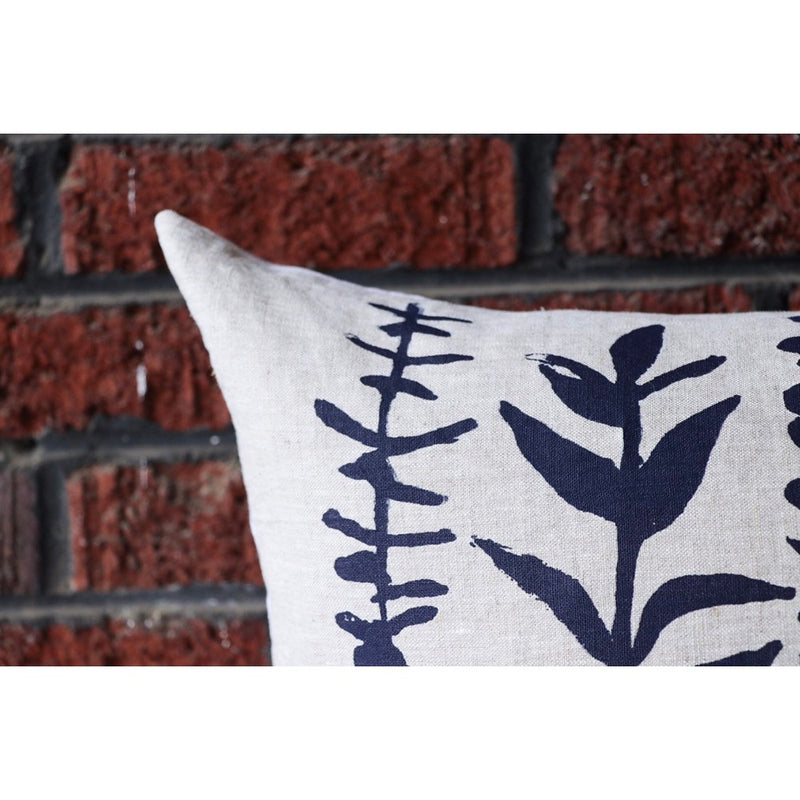 lumbar pillow linen navy block printed eucalyptus branches