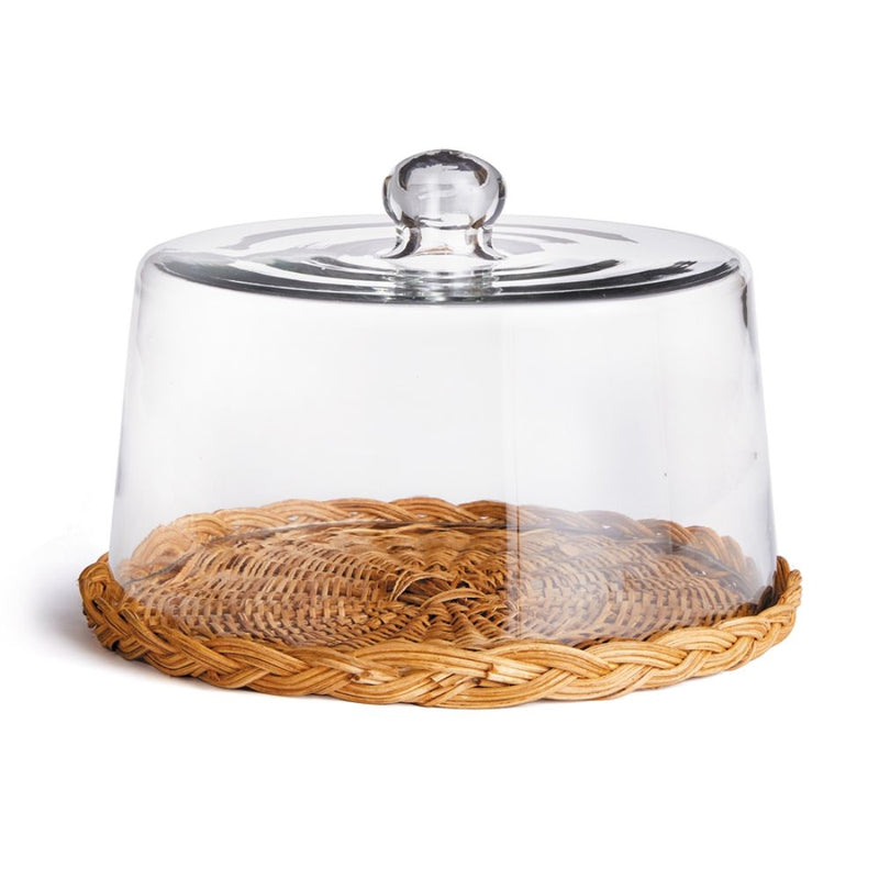 glass top wicker braided tray round cloche 