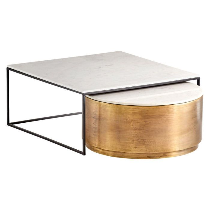 nesting coffee tables square black open metal base brass drum round white marble tops