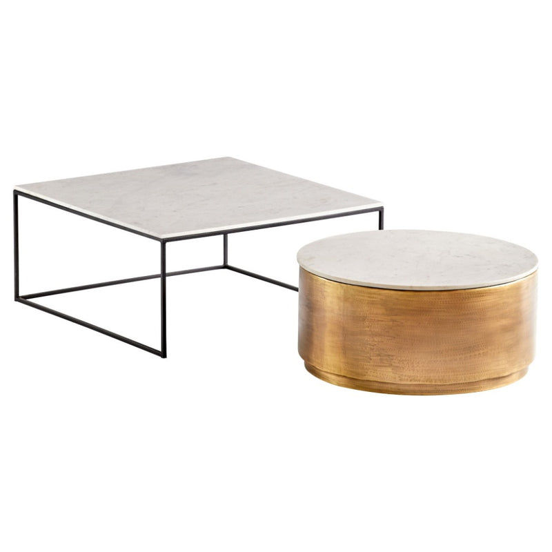 nesting coffee tables square black open metal base brass drum round white marble tops