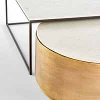nesting coffee tables square black open metal base brass drum round white marble tops