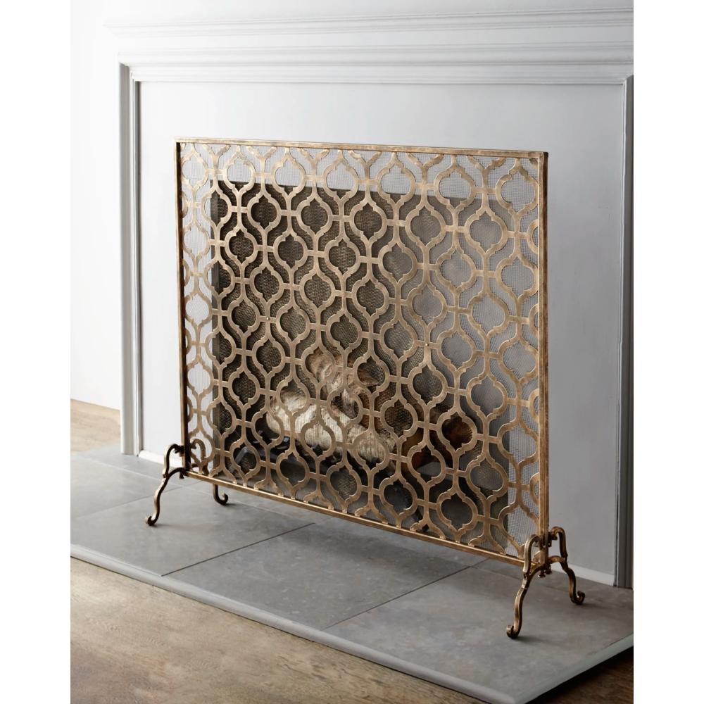 fire screen quadrille design gold mesh single panel Dr. Livingstone I Presume