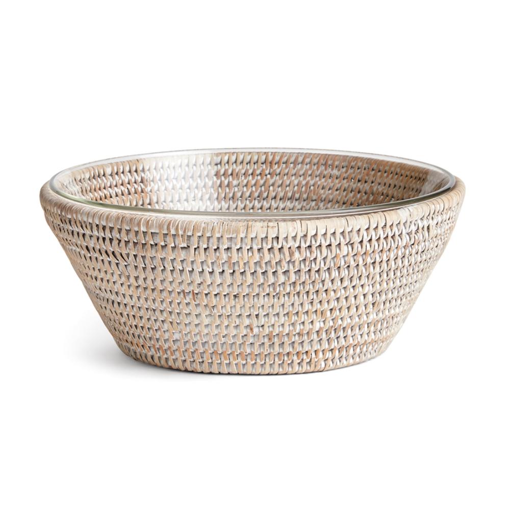rattan serving bowl round whitewash woven removable glass insert