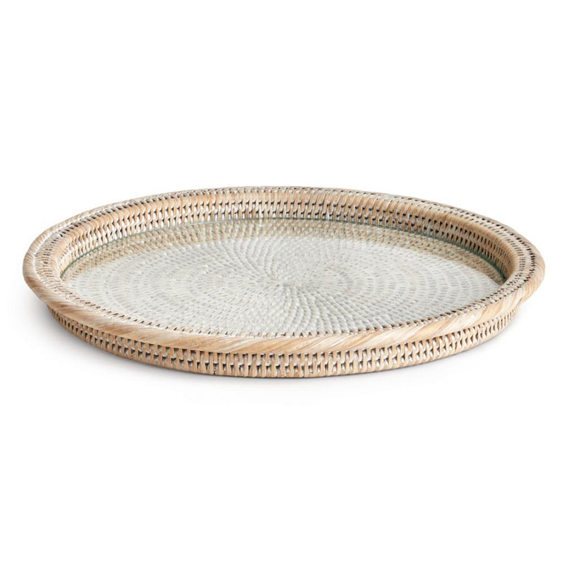 serving platter round whitewash rattan removable glass insert