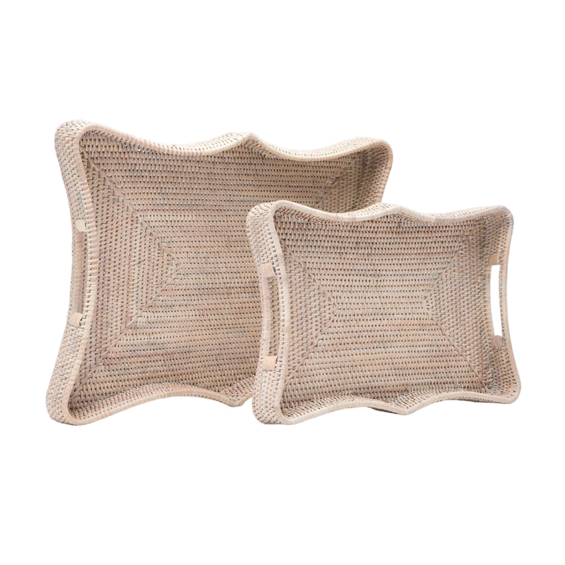 set two whitewashed rattan trays scalloped sides