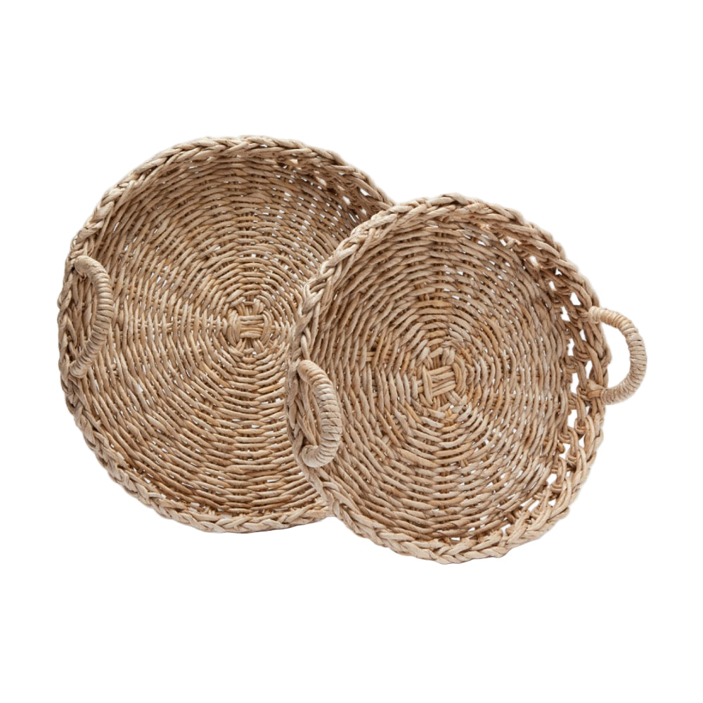 set two round bleached banana bark woven trays
