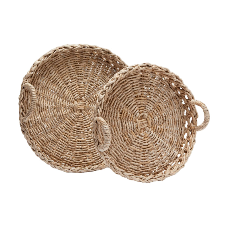 set two round bleached banana bark woven trays