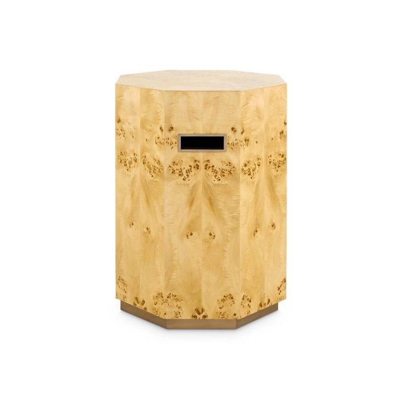 burl wood geometric side table brushed brass accents