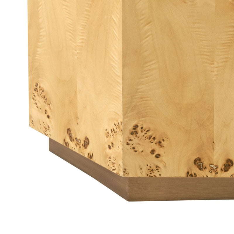 burl wood geometric side table brushed brass accents