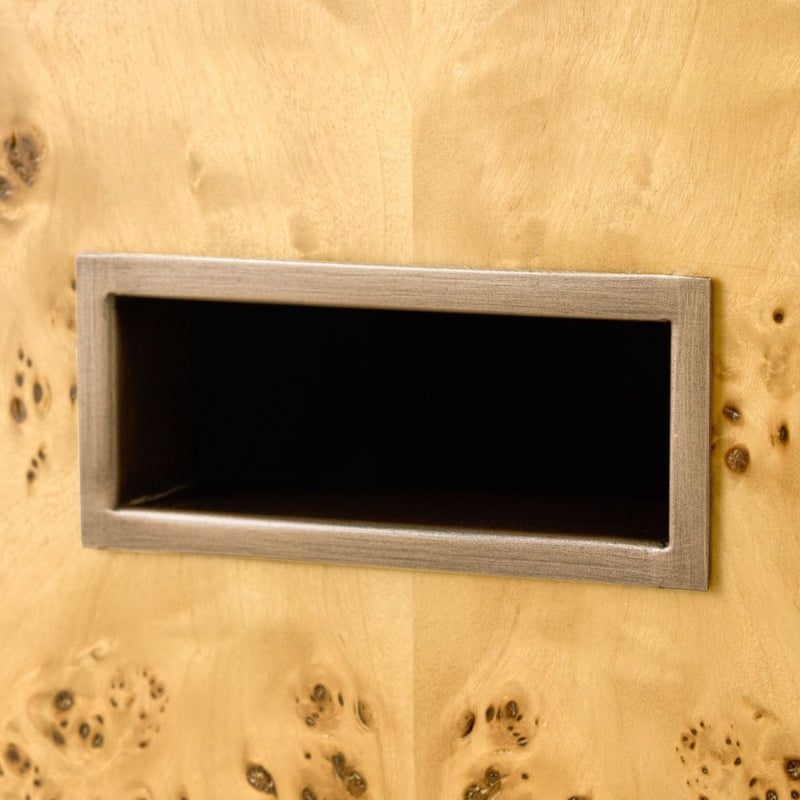 burl wood geometric side table brushed brass accents