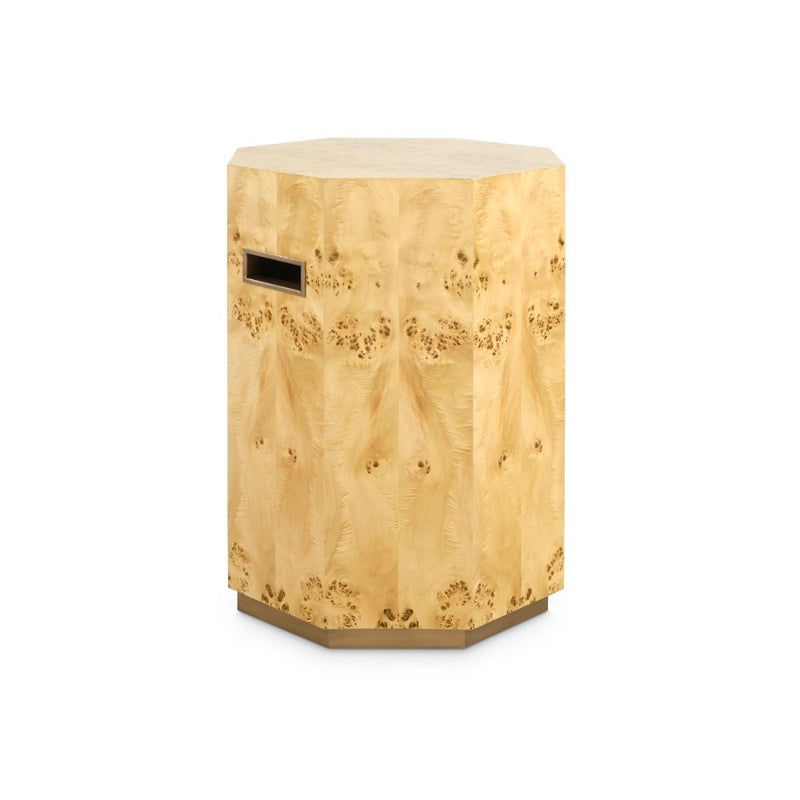 burl wood geometric side table brushed brass accents