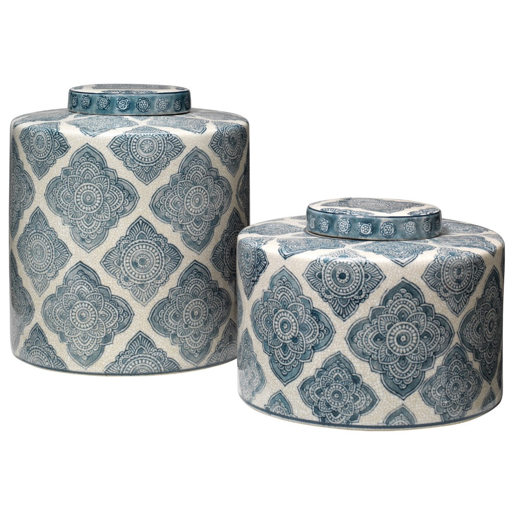 set 2 round canisters lids ethnic pattern indigo crackled off-white