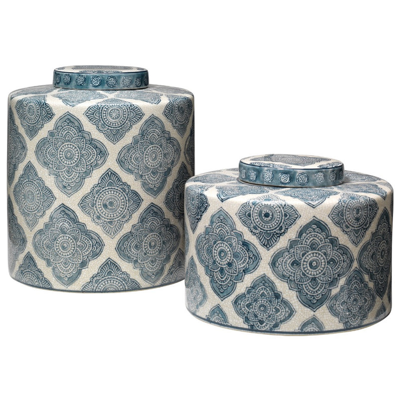 set 2 round canisters lids ethnic pattern indigo crackled off-white