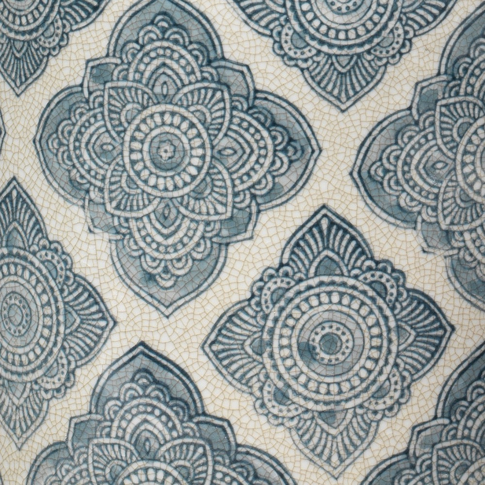 set 2 round canisters lids ethnic pattern indigo crackled off-white