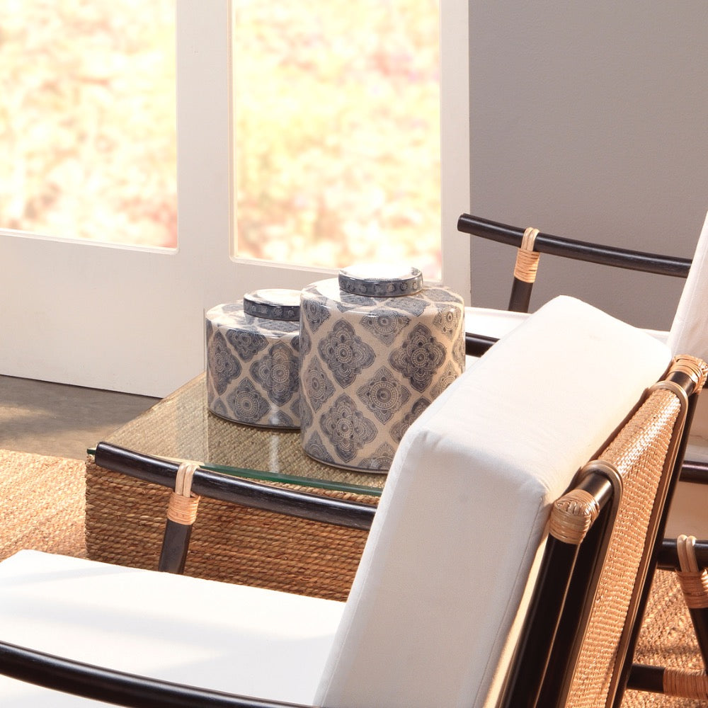 set 2 round canisters lids ethnic pattern indigo crackled off-white