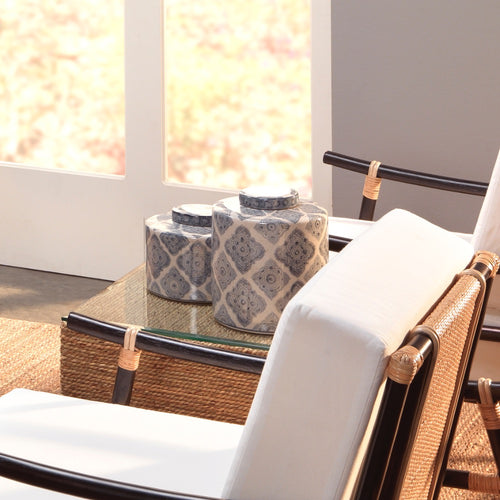 set 2 round canisters lids ethnic pattern indigo crackled off-white