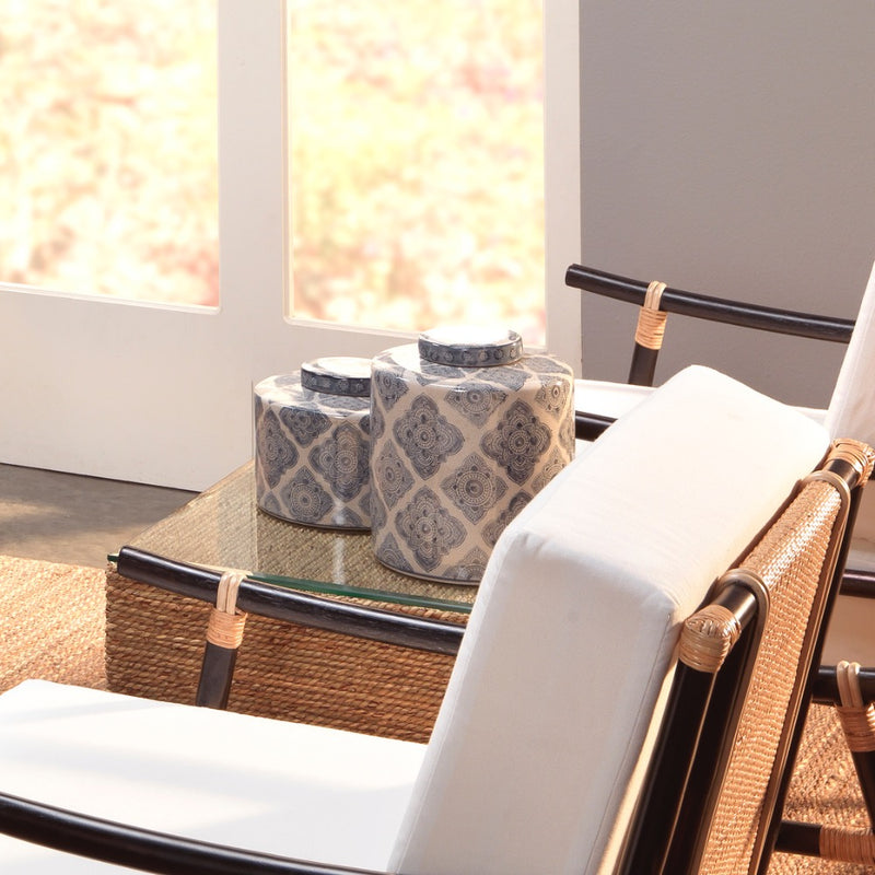set 2 round canisters lids ethnic pattern indigo crackled off-white