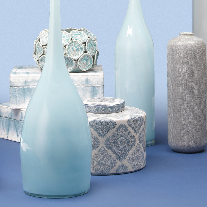 set 2 round canisters lids ethnic pattern indigo crackled off-white