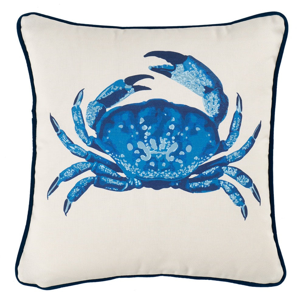 blue crab square outdoor pillow piped edge back