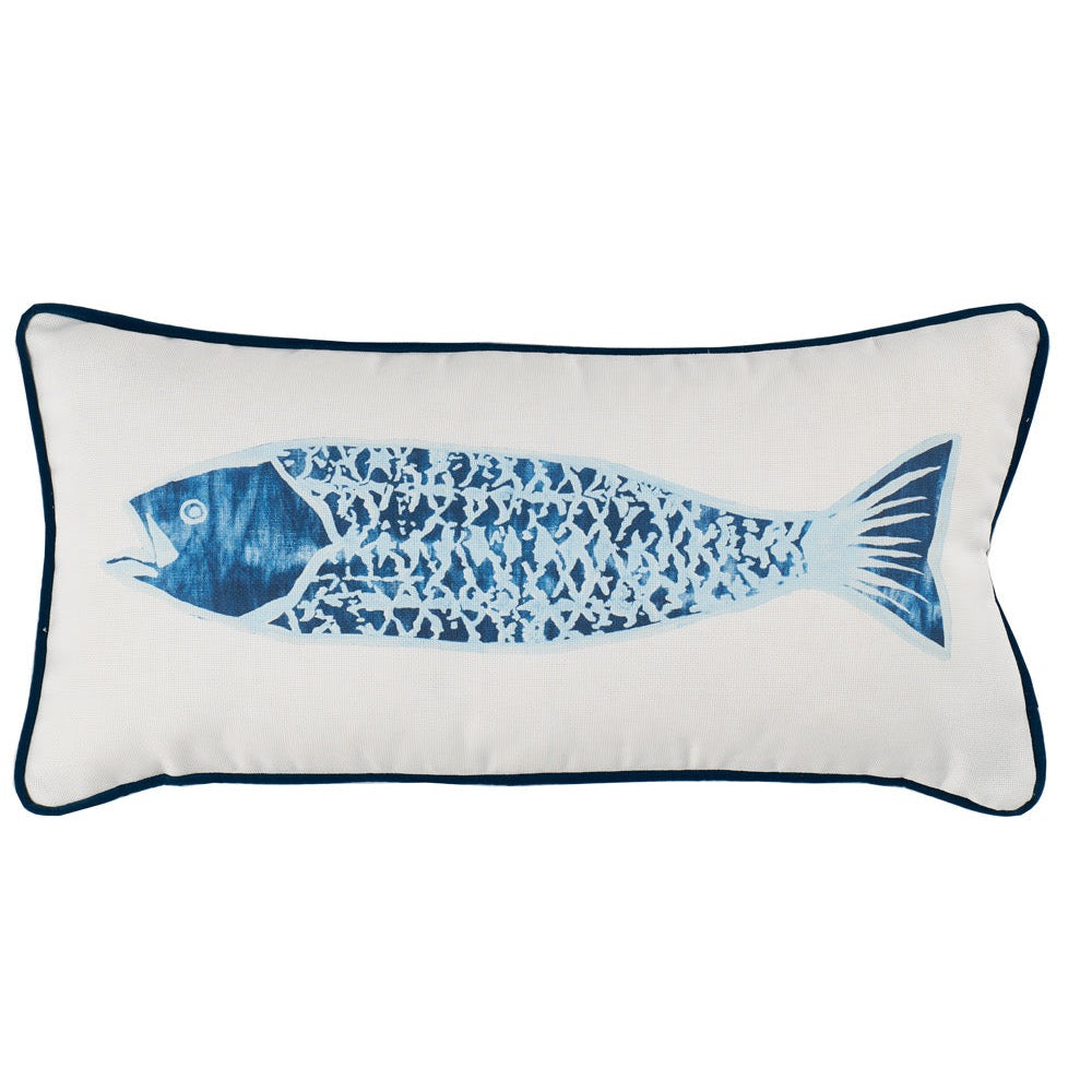 Outdoor It's Fishy Pillow by Lacefield Designs: white, rectangle, blue fish design, dark piping, fade-resistant for outdoors.