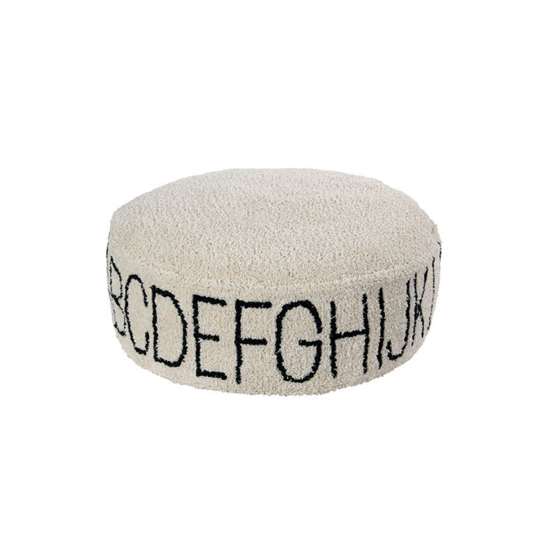 cream black round floor pouf alphabet kids decor