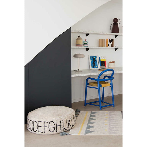 cream black round floor pouf alphabet kids decor