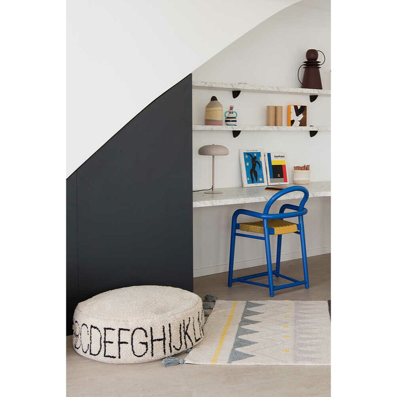 cream black round floor pouf alphabet kids decor