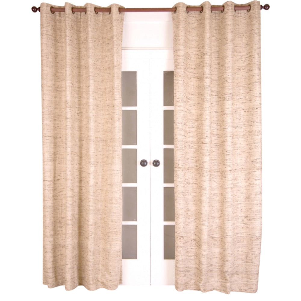 India's Heritage Curtain Panel - Luxury Drapery In Ivory Raw Silk + Brown Threads & Striations Grommets