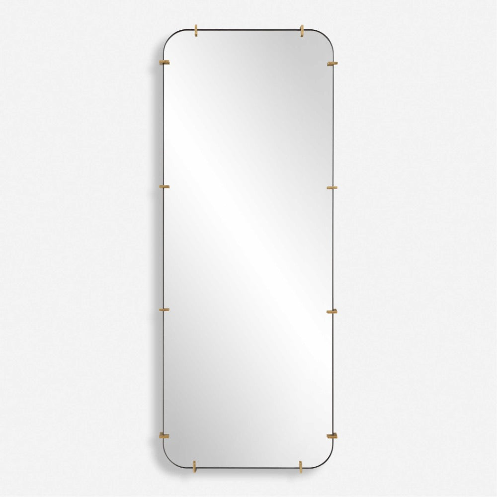tall rectangle rounded corners wall mirror black frame brass accents