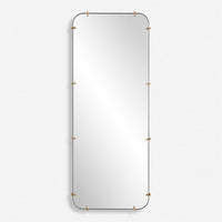tall rectangle rounded corners wall mirror black frame brass accents