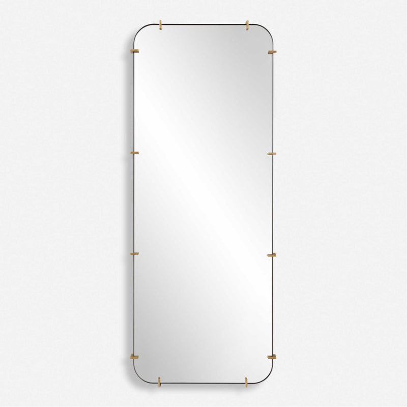 tall rectangle rounded corners wall mirror black frame brass accents
