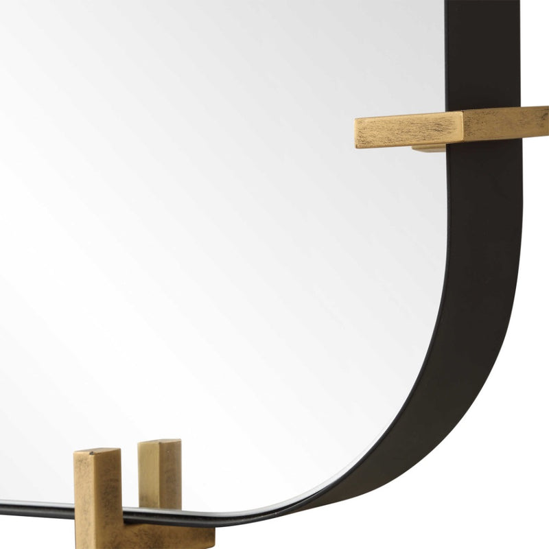 tall rectangle rounded corners wall mirror black frame brass accents