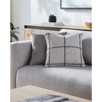 square woven off-white accent pillow black window-pane pattern