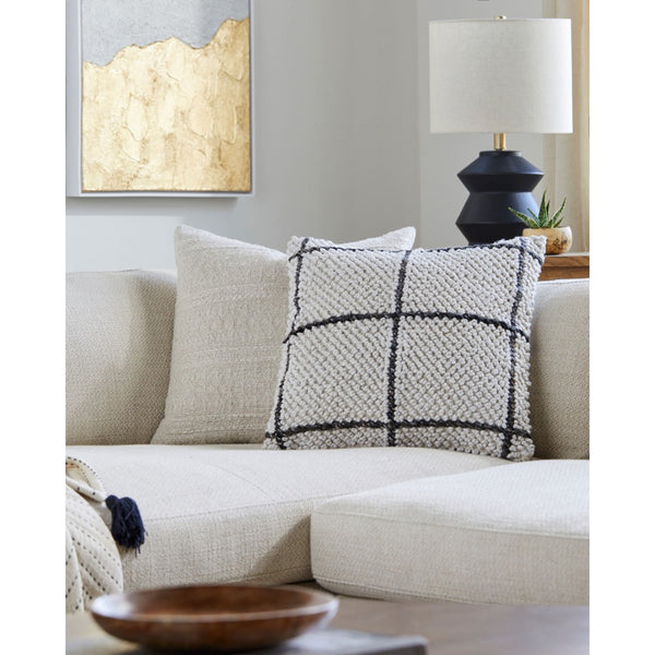 square woven off-white accent pillow black window-pane pattern