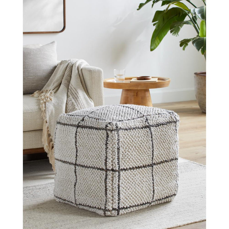 pouf outdoor safe square woven white tan pane pattern