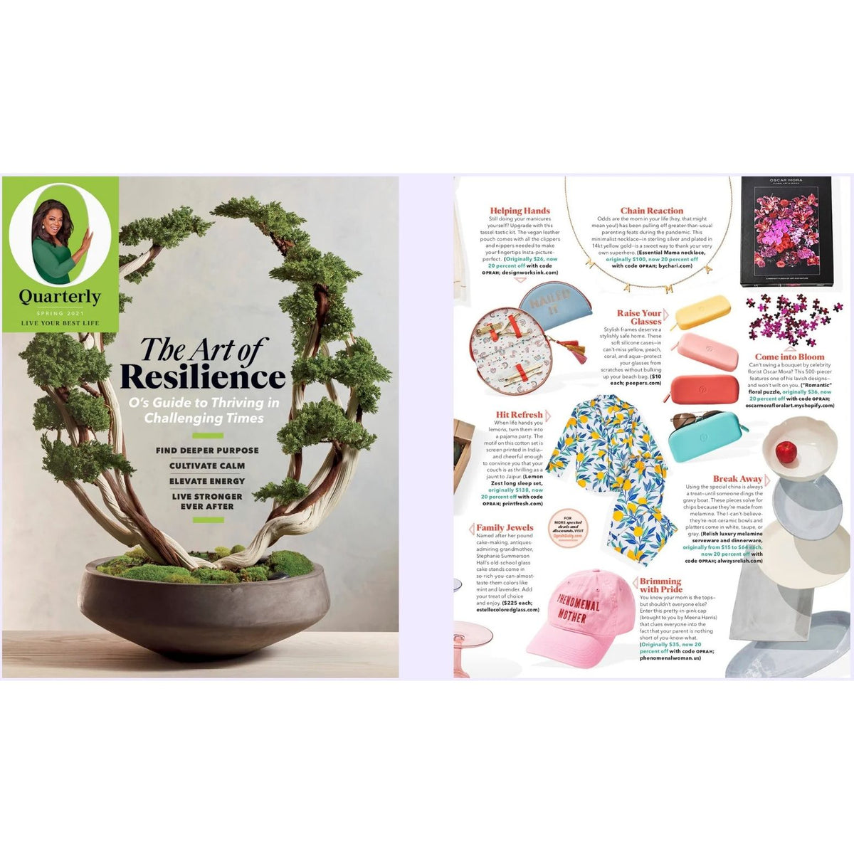 Magazine spread with a bonsai tree and lifestyle article on resilience.